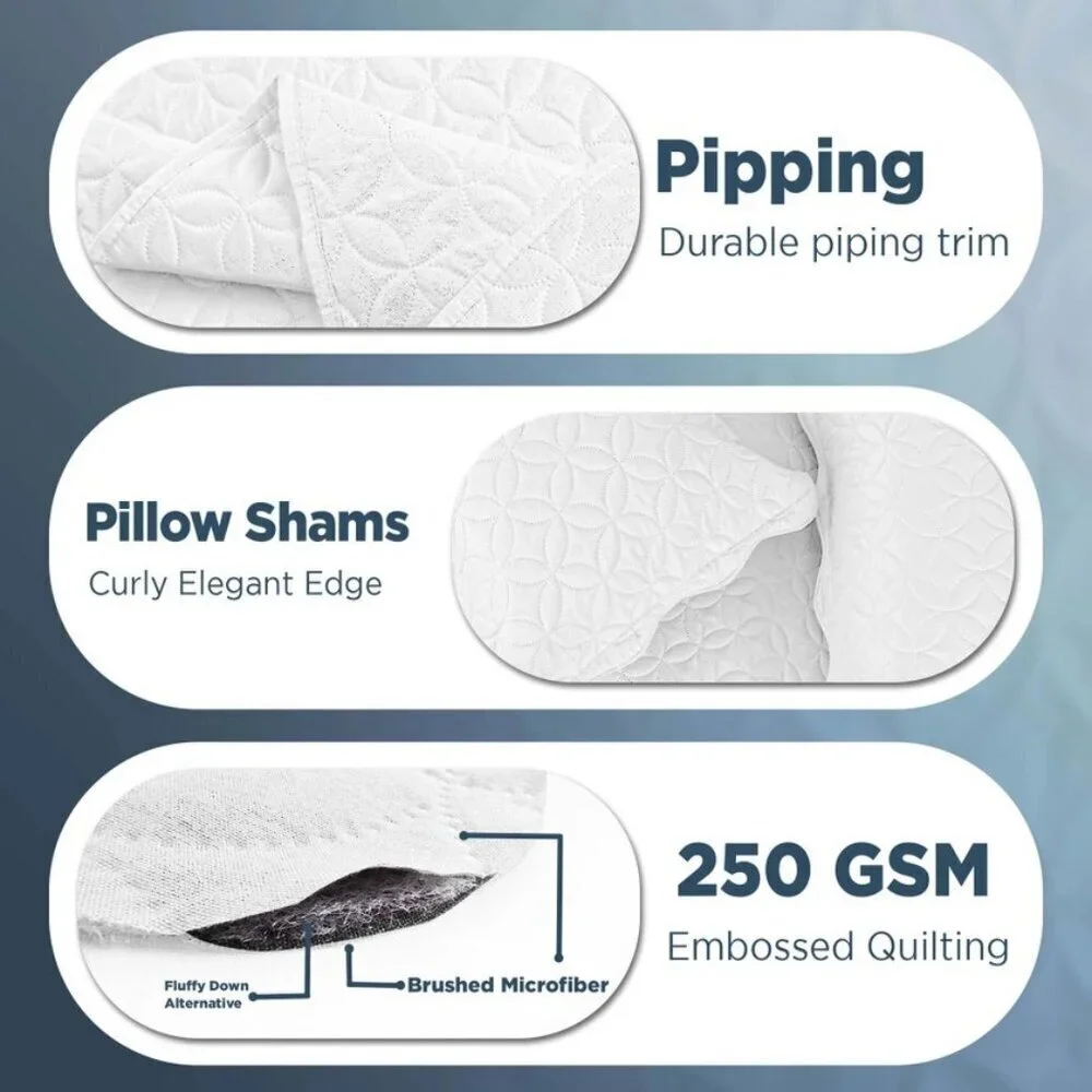 Elegant White Quilted Lightweight Bedspread 3pc Set King